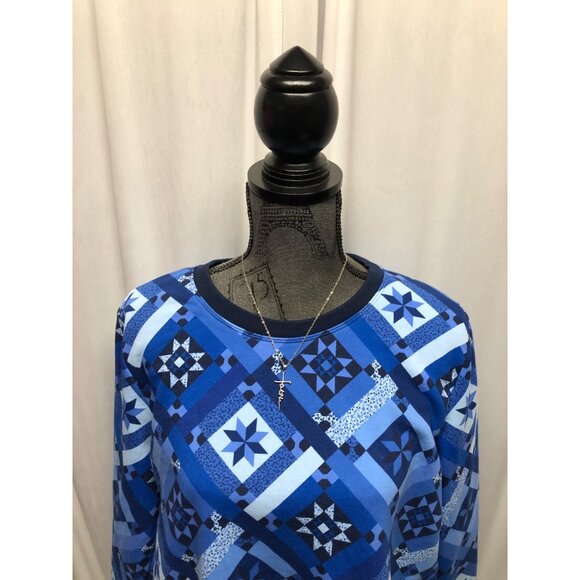 Lands End Serious Sweats Womens Sz Large 14-16 Blue Patchwork Print Long Sleeve - Picture 2 of 9
